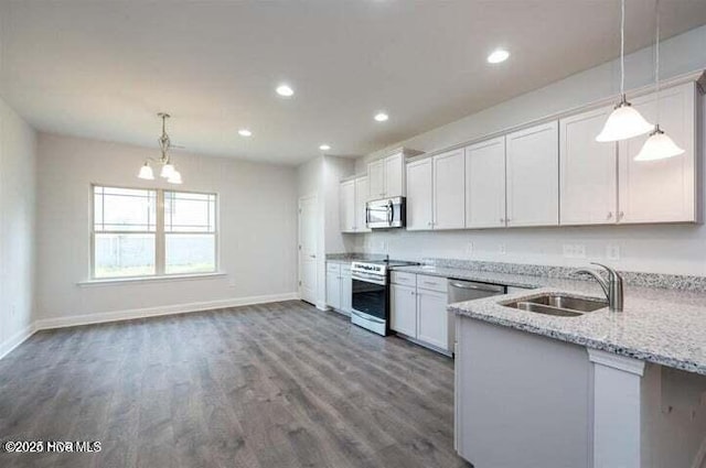 kitchen with sink, decorative light fixtures, stainless steel appliances, and white cabinets