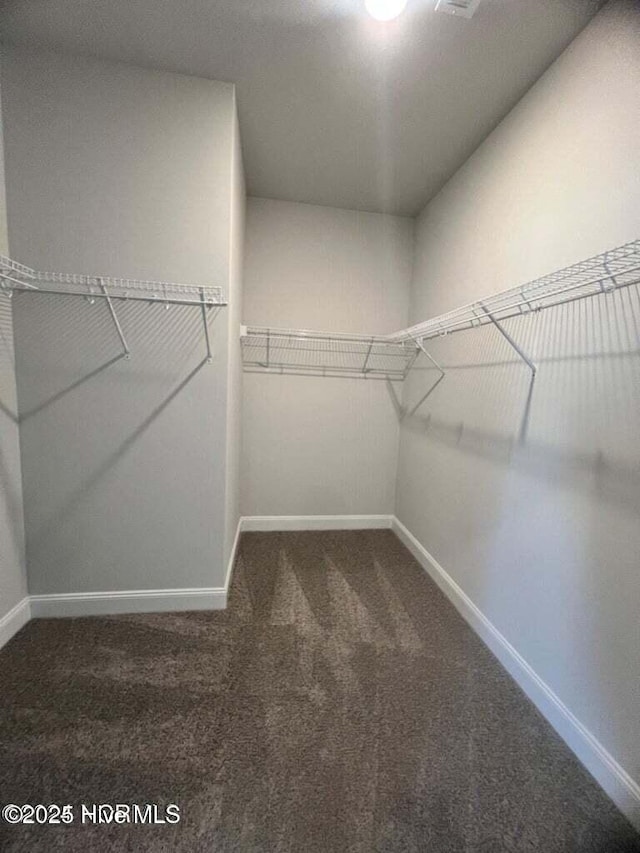 walk in closet featuring dark colored carpet