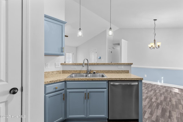 kitchen featuring blue cabinetry, stainless steel dishwasher, decorative light fixtures, and sink