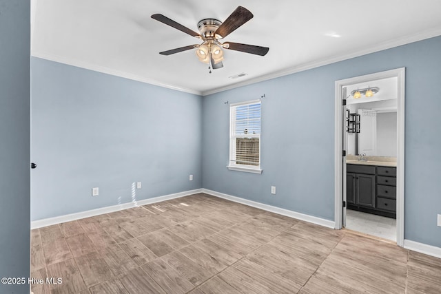 unfurnished bedroom featuring ornamental molding, sink, ensuite bathroom, and ceiling fan