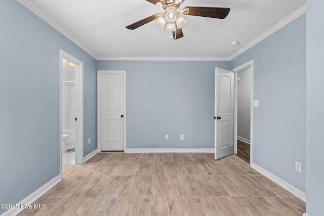 unfurnished bedroom with crown molding, connected bathroom, and ceiling fan