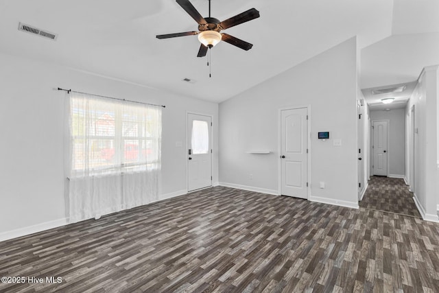 unfurnished living room featuring ceiling fan, lofted ceiling, and dark hardwood / wood-style flooring