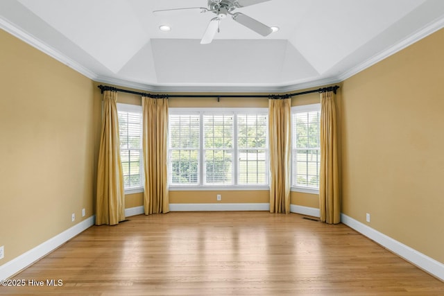 1824 Starfix Ter, Wilmington, NC 28405 - unfurnished room featuring a ceiling fan, light wood finished floors, crown molding, recessed lighting, and lofted ceiling