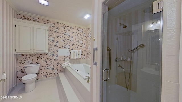 bathroom with shower with separate bathtub, ornamental molding, and toilet