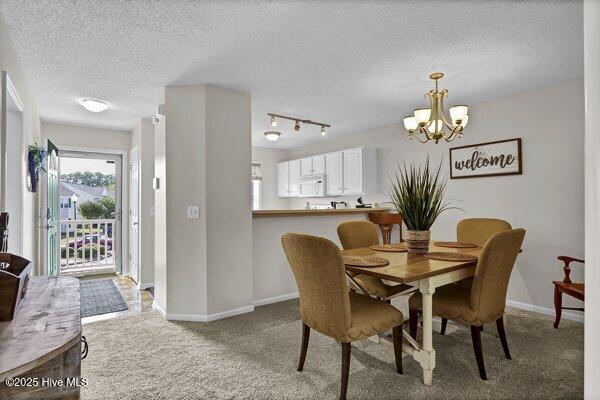 carpeted dining space with a notable chandelier, rail lighting, and a textured ceiling