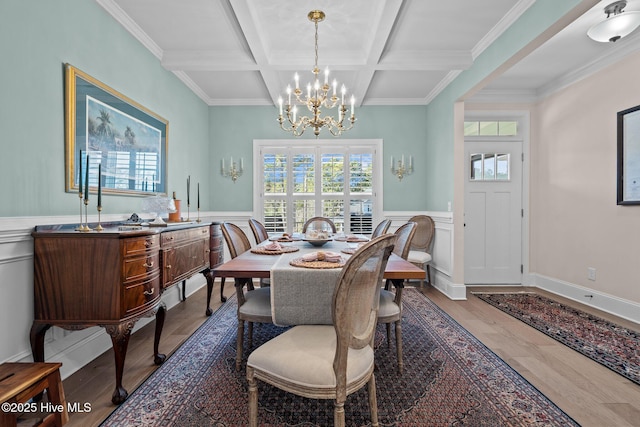 dining space featuring coffered ceiling, beam ceiling, an inviting chandelier, and hardwood / wood-style flooring