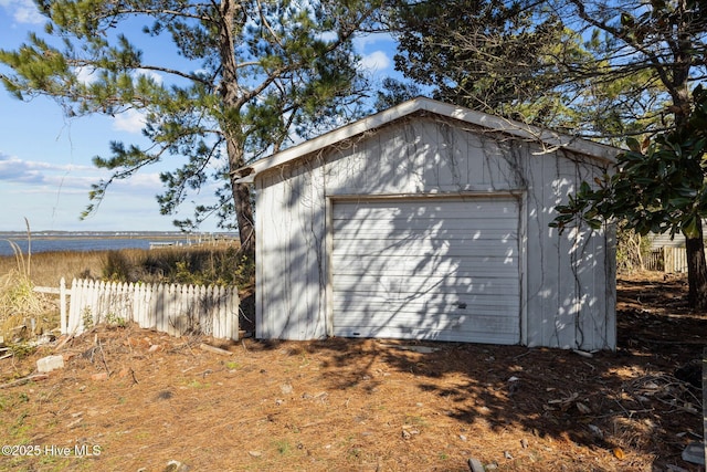 garage with a water view