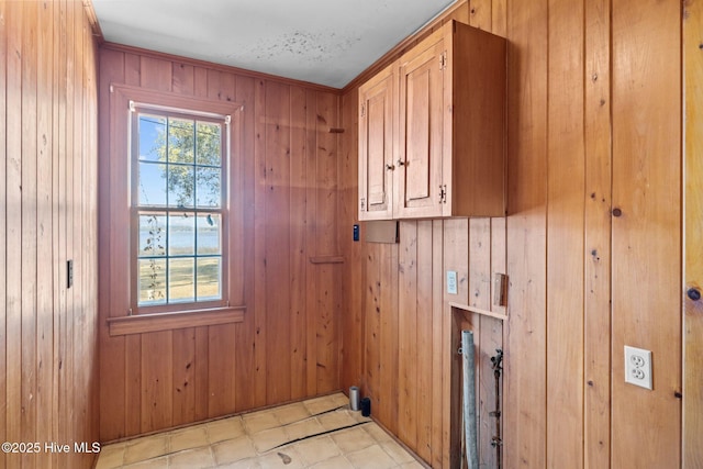 washroom featuring cabinets and wood walls