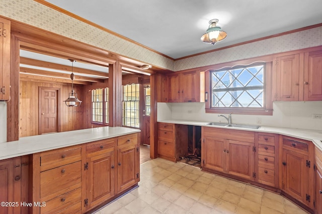 kitchen with ornamental molding, sink, and pendant lighting