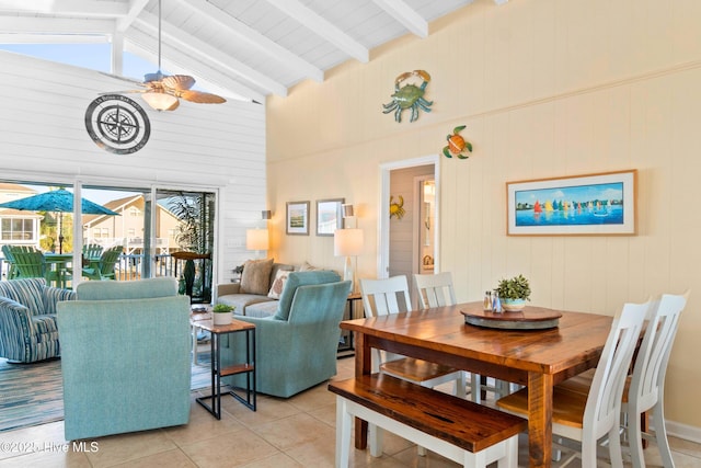 dining space featuring light tile patterned floors, ceiling fan, beamed ceiling, and high vaulted ceiling