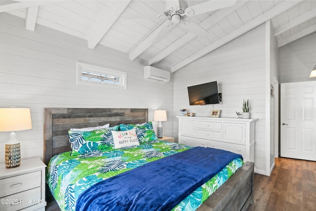 bedroom with dark wood finished floors, a wall unit AC, vaulted ceiling with beams, and wooden walls