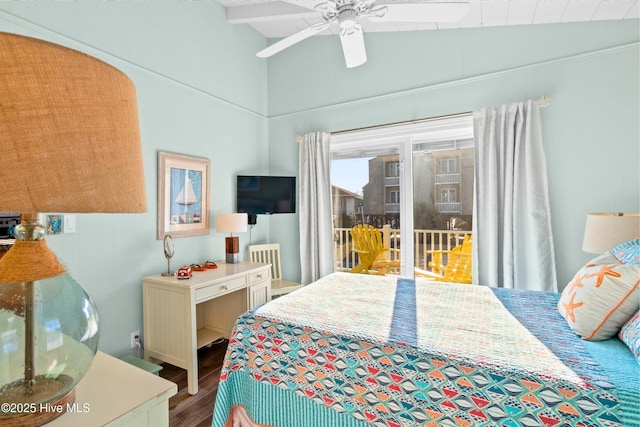 bedroom with lofted ceiling, ceiling fan, wood finished floors, and access to exterior