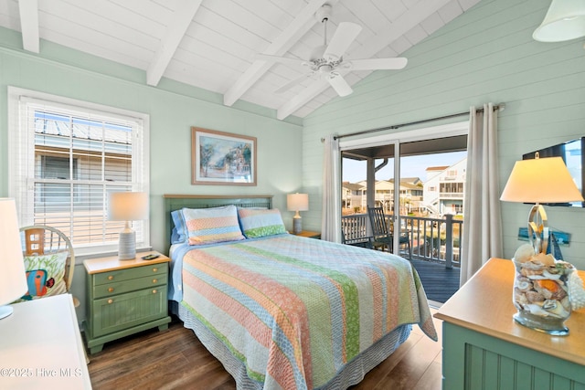 bedroom with access to exterior, dark wood-type flooring, vaulted ceiling with beams, and a ceiling fan