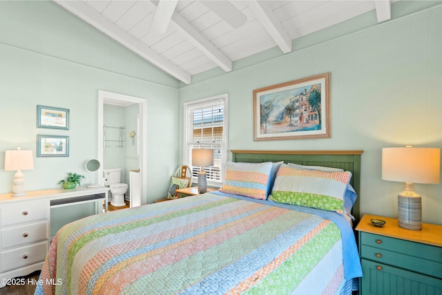 bedroom with vaulted ceiling with beams, wood ceiling, and ensuite bathroom