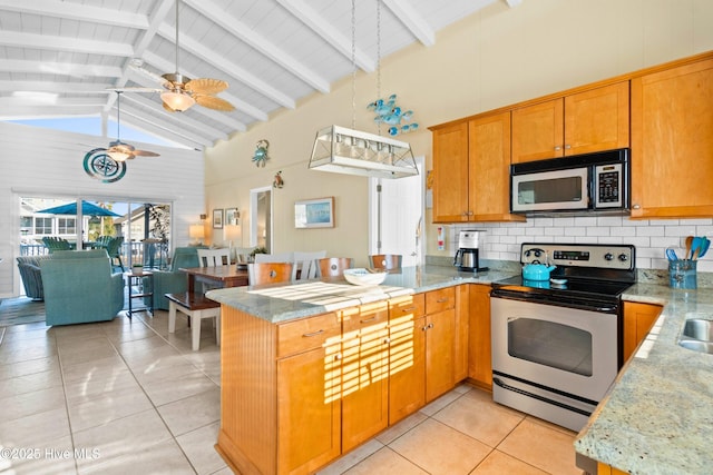 kitchen with ceiling fan, high vaulted ceiling, stainless steel appliances, a peninsula, and decorative backsplash