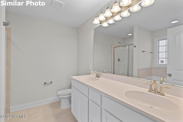 full bathroom with toilet, vanity, shower with separate bathtub, and tile patterned flooring