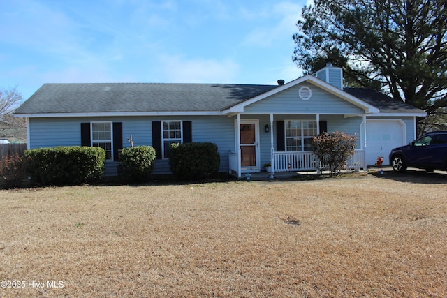 ranch-style home featuring a garage, central AC unit, covered porch, and a front lawn