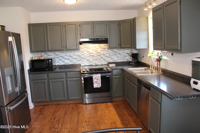 kitchen featuring gray cabinetry, sink, hardwood / wood-style floors, and appliances with stainless steel finishes