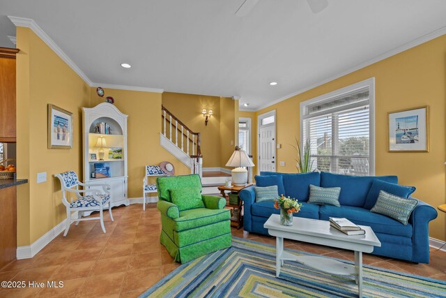 living room featuring light tile patterned floors and crown molding