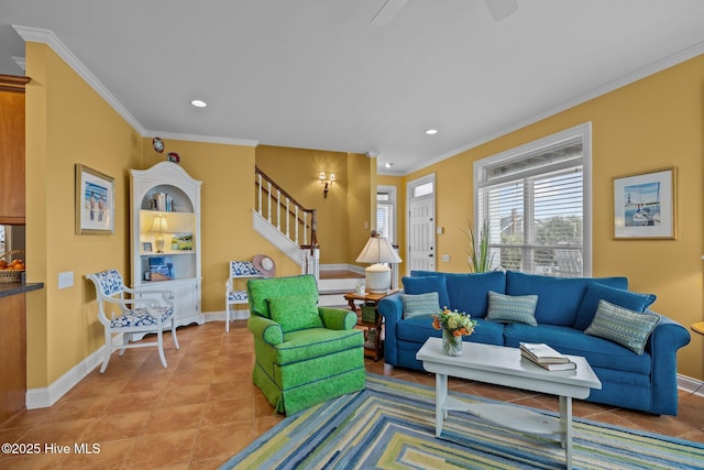 2208 Evans St, Morehead City, NC 28557 - living room with stairway, ornamental molding, recessed lighting, and light tile patterned floors