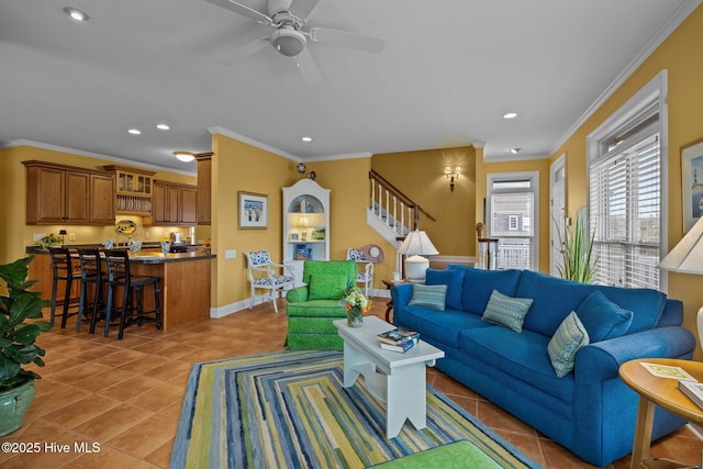 2208 Evans St, Morehead City, NC 28557 - living room with ornamental molding, light tile patterned floors, stairway, recessed lighting, and a ceiling fan
