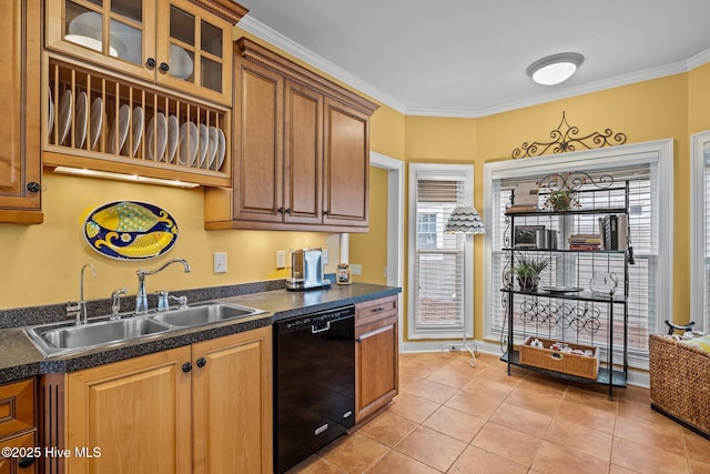 kitchen featuring dishwasher, sink, light tile patterned floors, and crown molding