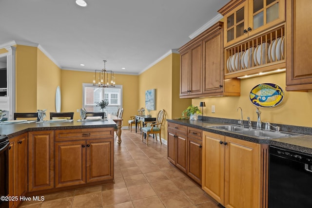 kitchen featuring ornamental molding, pendant lighting, black dishwasher, and sink