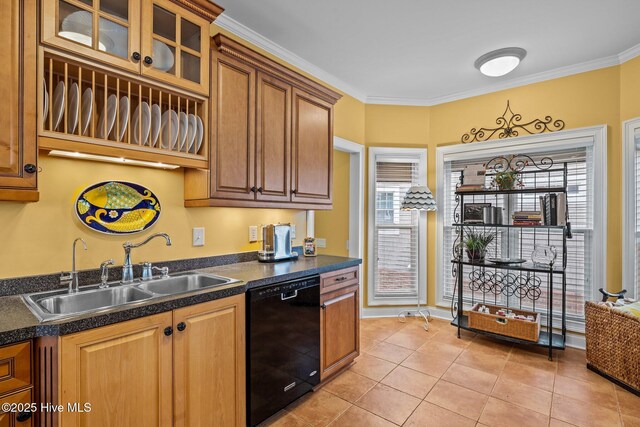 2208 Evans St, Morehead City, NC 28557 - kitchen with dishwasher, dark countertops, light tile patterned floors, glass insert cabinets, and brown cabinets