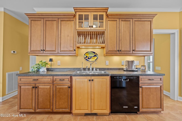 2208 Evans St, Morehead City, NC 28557 - kitchen featuring black dishwasher, dark countertops, crown molding, glass insert cabinets, and brown cabinets