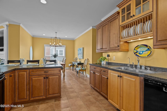 2208 Evans St, Morehead City, NC 28557 - kitchen featuring dishwasher, dark countertops, a chandelier, brown cabinets, and recessed lighting