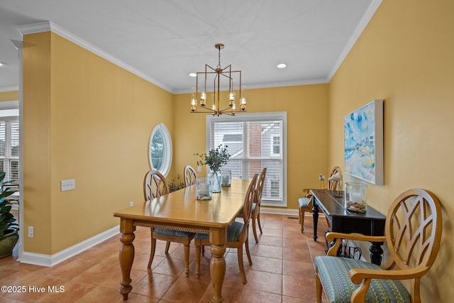 dining room with crown molding, tile patterned floors, and a chandelier