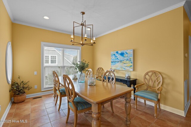 tiled dining space with a notable chandelier and crown molding