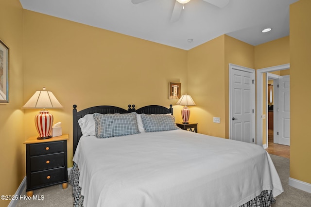 bedroom featuring carpet floors and ceiling fan