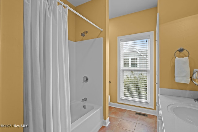 full bathroom with shower / bathtub combination with curtain, tile patterned floors, toilet, and vanity