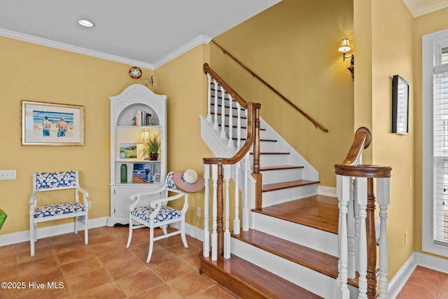 stairway featuring ornamental molding and tile patterned flooring