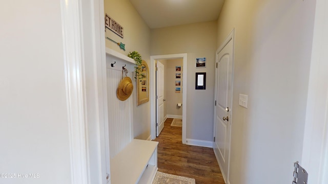 mudroom featuring dark wood-type flooring