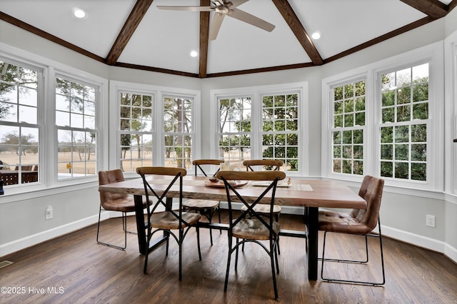 sunroom featuring lofted ceiling with beams and ceiling fan