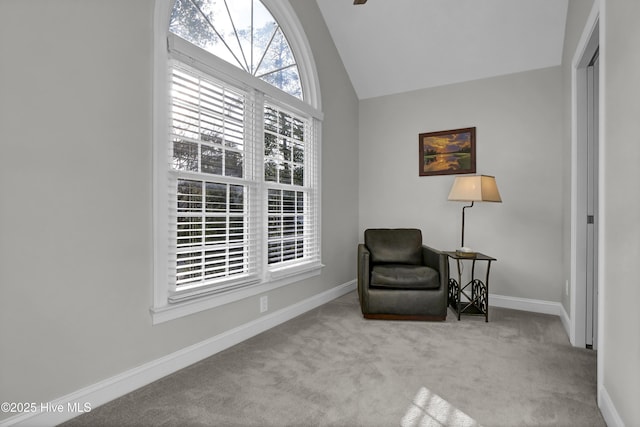 sitting room with light carpet and high vaulted ceiling