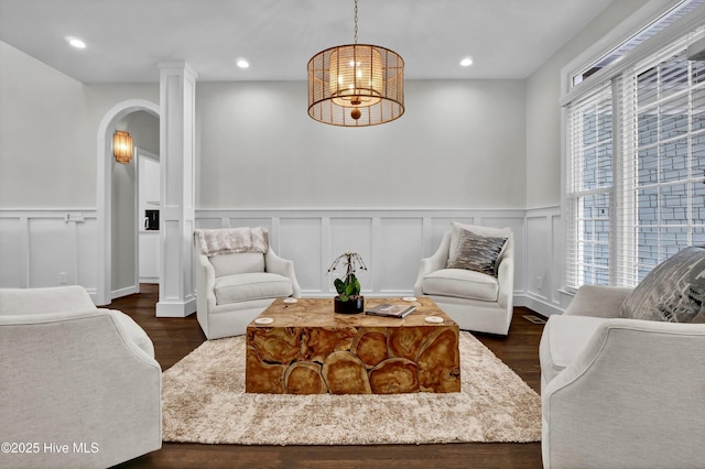 living room featuring dark wood-type flooring