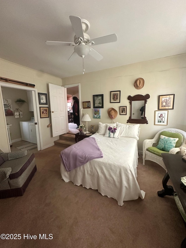 carpeted bedroom with ceiling fan and washing machine and clothes dryer