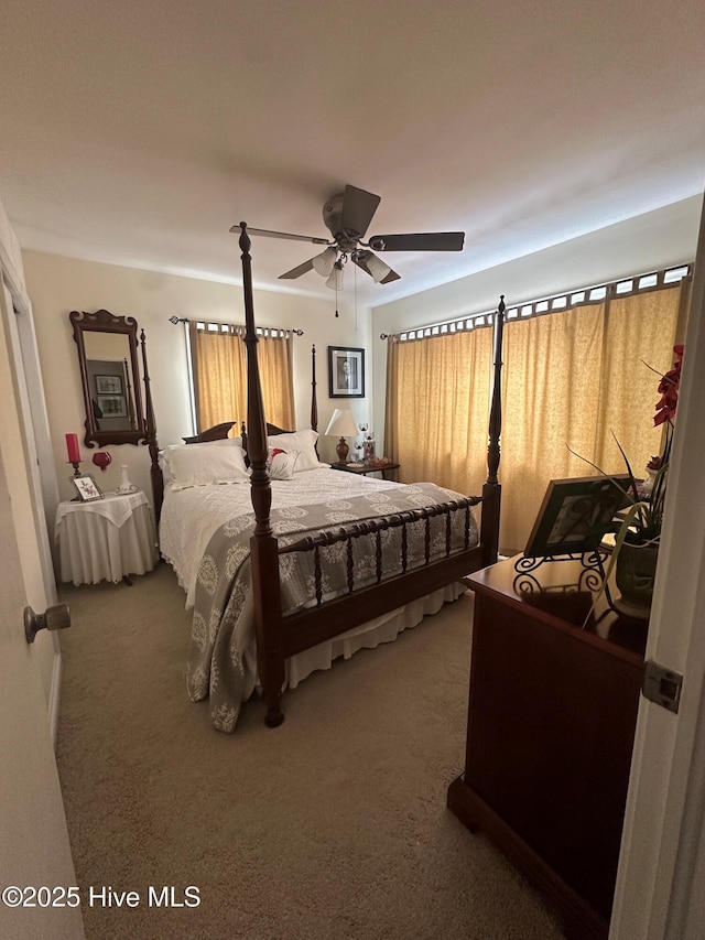 bedroom featuring ceiling fan and carpet