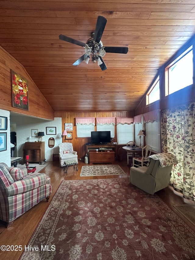 living room with hardwood / wood-style flooring, lofted ceiling, and wooden ceiling