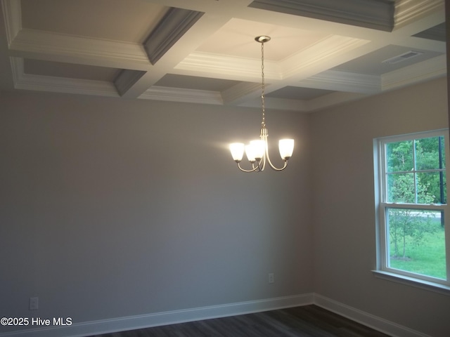 unfurnished room with visible vents, baseboards, an inviting chandelier, dark wood-style floors, and coffered ceiling