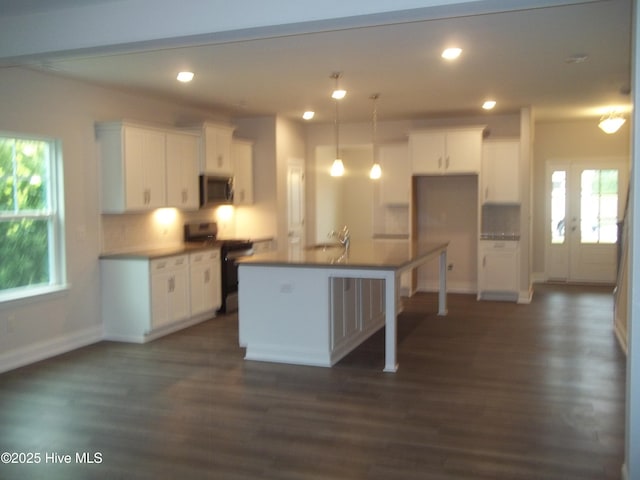 kitchen featuring tasteful backsplash, a healthy amount of sunlight, dark wood-type flooring, stainless steel appliances, and white cabinetry