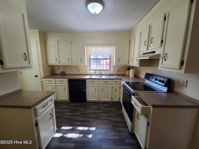 kitchen with dark wood-type flooring, white cabinetry, range with electric cooktop, black dishwasher, and a textured ceiling