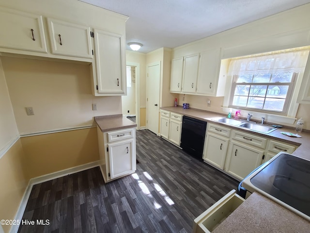 kitchen with sink, black dishwasher, white cabinets, dark hardwood / wood-style flooring, and white electric range oven