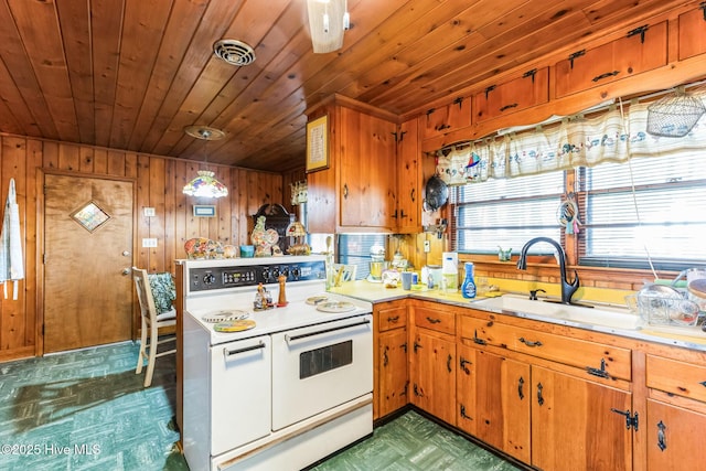 kitchen featuring pendant lighting, sink, double oven range, wooden walls, and wooden ceiling