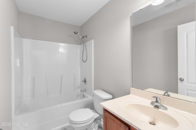 full bath featuring visible vents, toilet, vanity, and shower / bathtub combination
