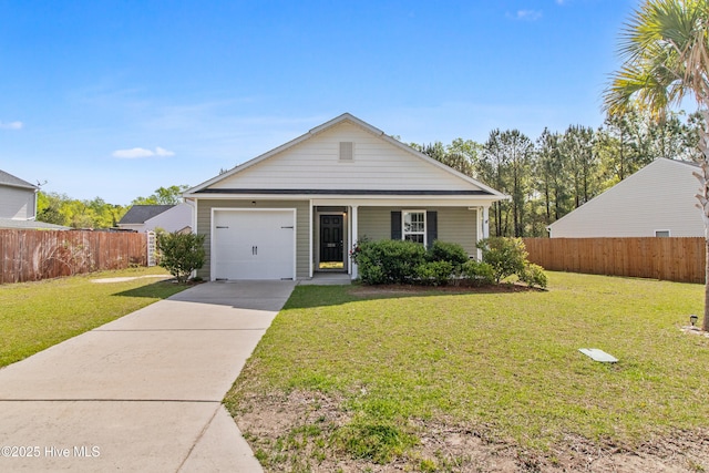 view of front of home with a porch, fence, a front lawn, an attached garage, and driveway