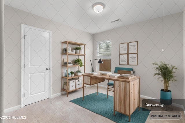 home office with baseboards, tile patterned flooring, and visible vents